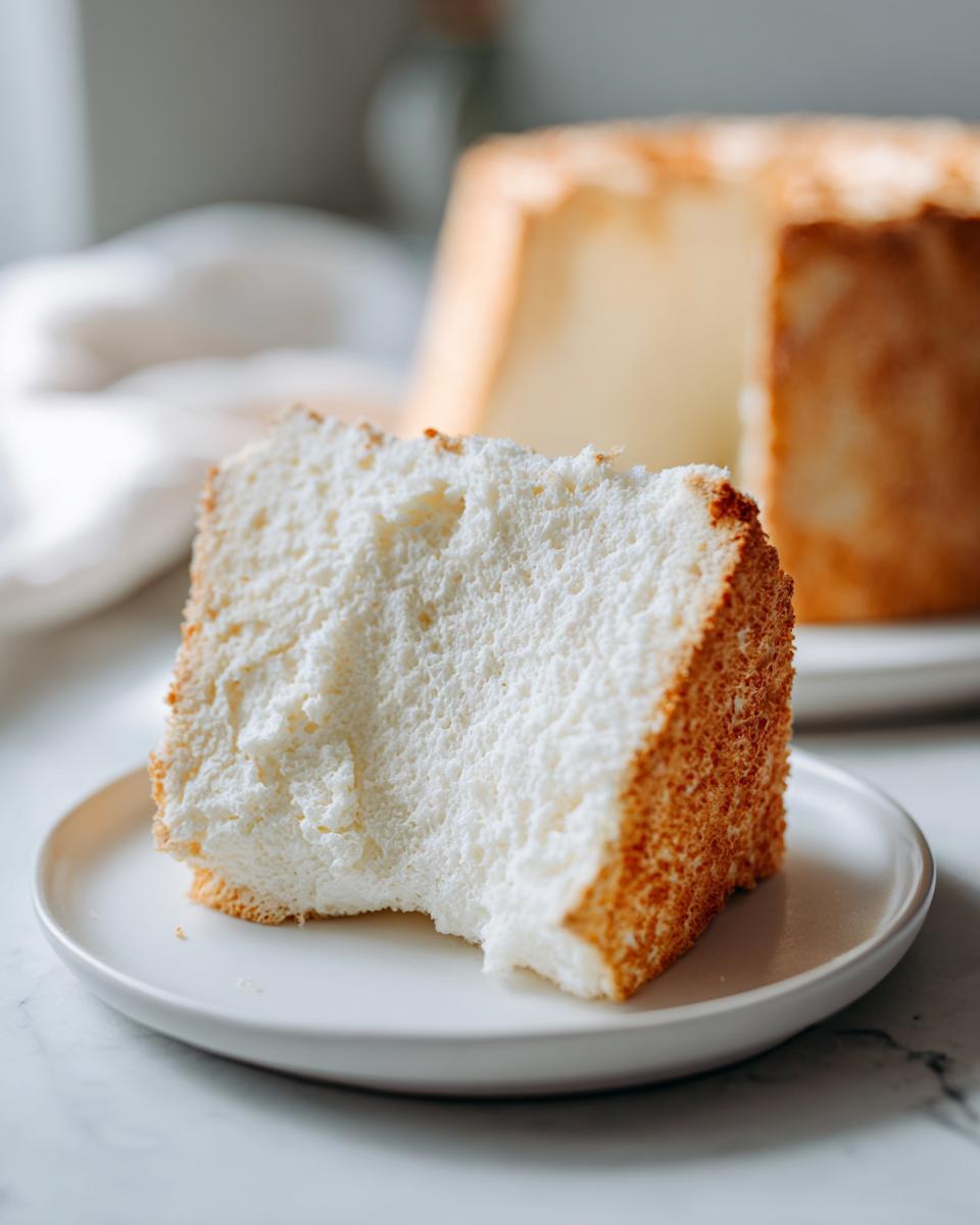 A slice of fluffy Angel Food Cake on a white plate, with the rest of the cake blurred in the background.