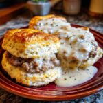 Close-up of fluffy biscuits and gravy, a hearty breakfast dish with sausage and creamy sauce.