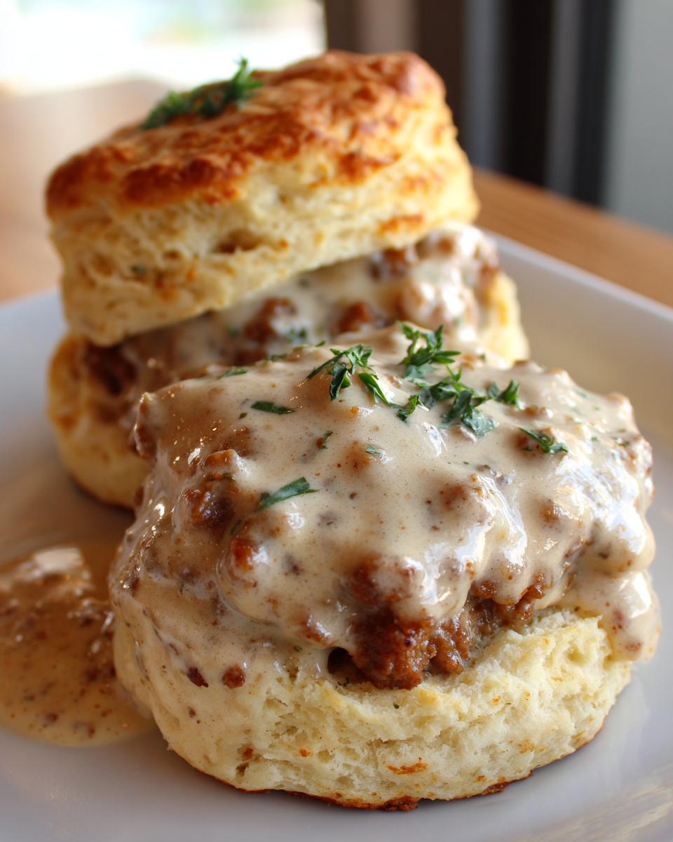 Close-up of fluffy biscuits and gravy, topped with fresh parsley.