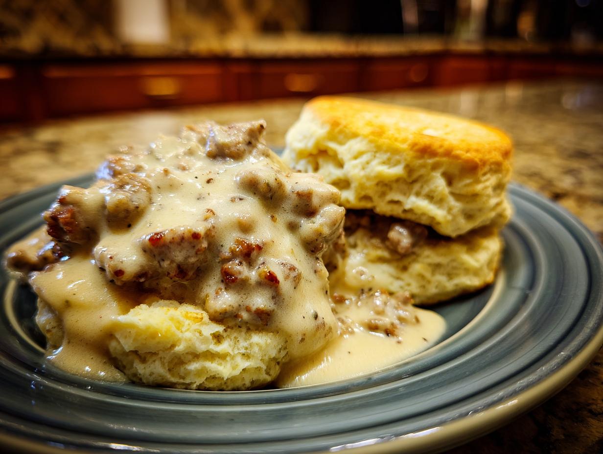 A close-up of fluffy biscuits and gravy, with creamy sausage gravy generously poured over golden-brown biscuits.