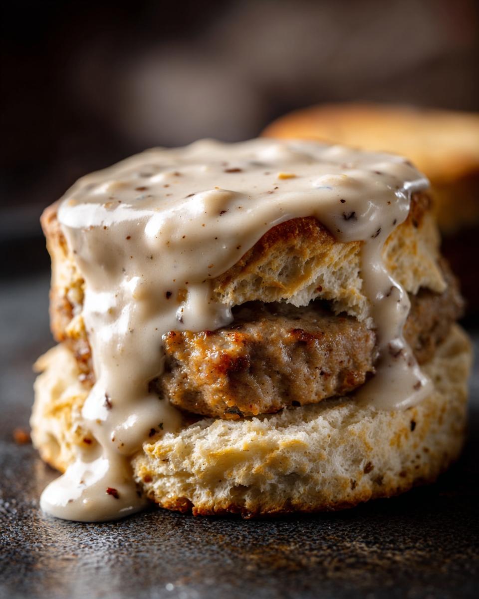 Close-up of a stack of fluffy biscuits and gravy with a sausage patty in the middle.