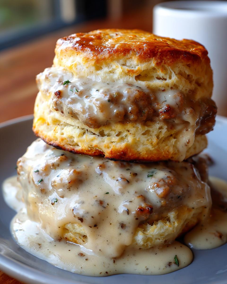 A close-up of two fluffy biscuits stacked and generously covered in creamy sausage gravy.