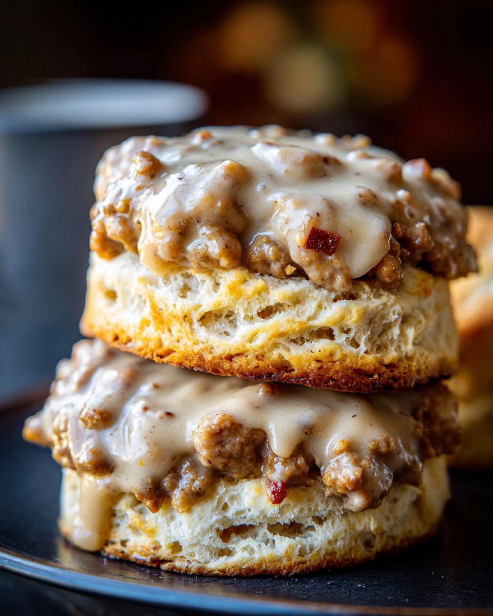 A close-up shot of two fluffy biscuits stacked and topped with creamy sausage gravy.