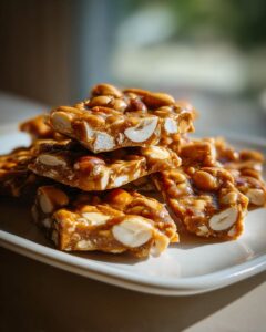 A close-up of a stack of crunchy peanut brittle pieces, showcasing the nuts embedded in golden caramel.