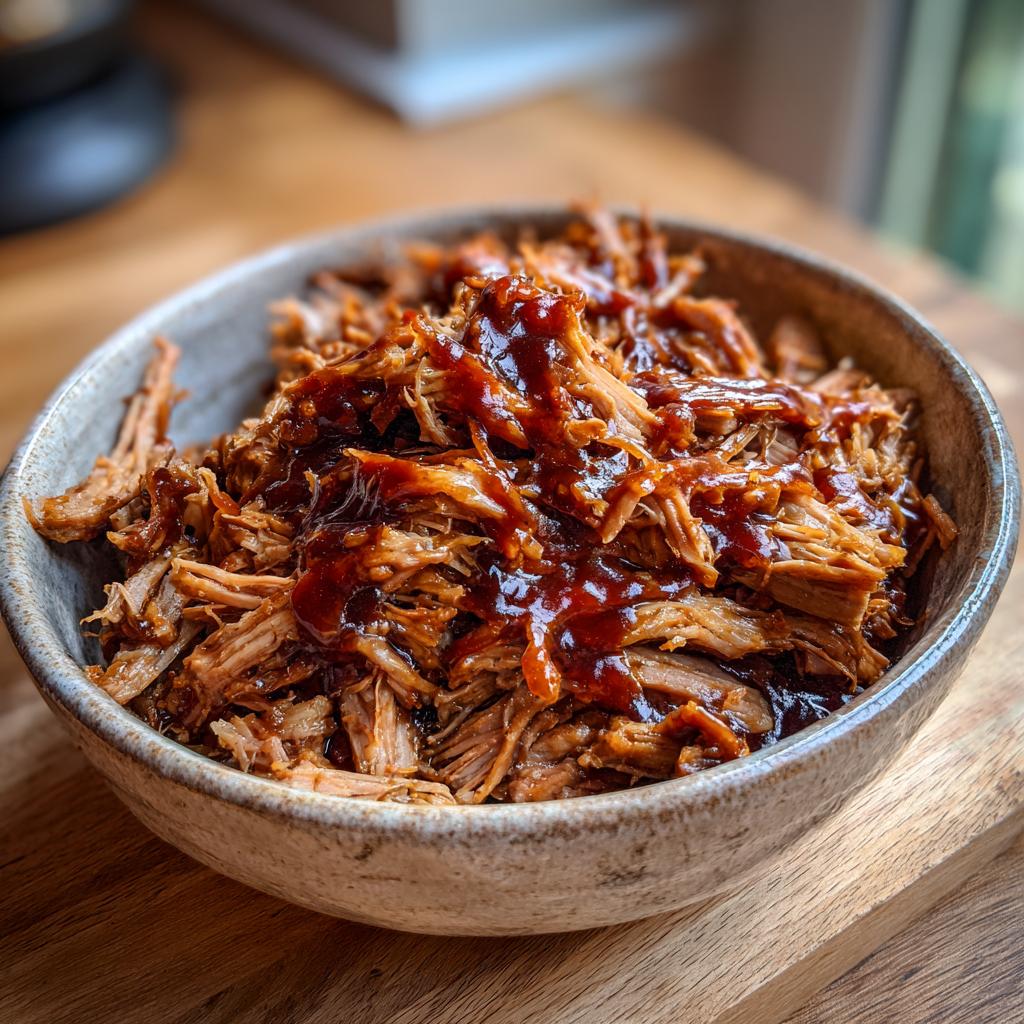 A close-up of a bowl filled with delicious, saucy pulled pork, perfect for a foolproof peanut brittle recipe.
