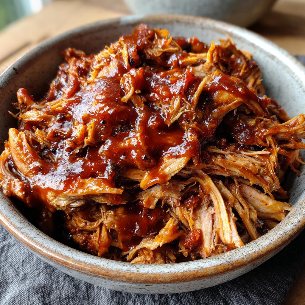 Close-up of a bowl filled with delicious, saucy pulled pork, perfect for a foolproof peanut brittle recipe.