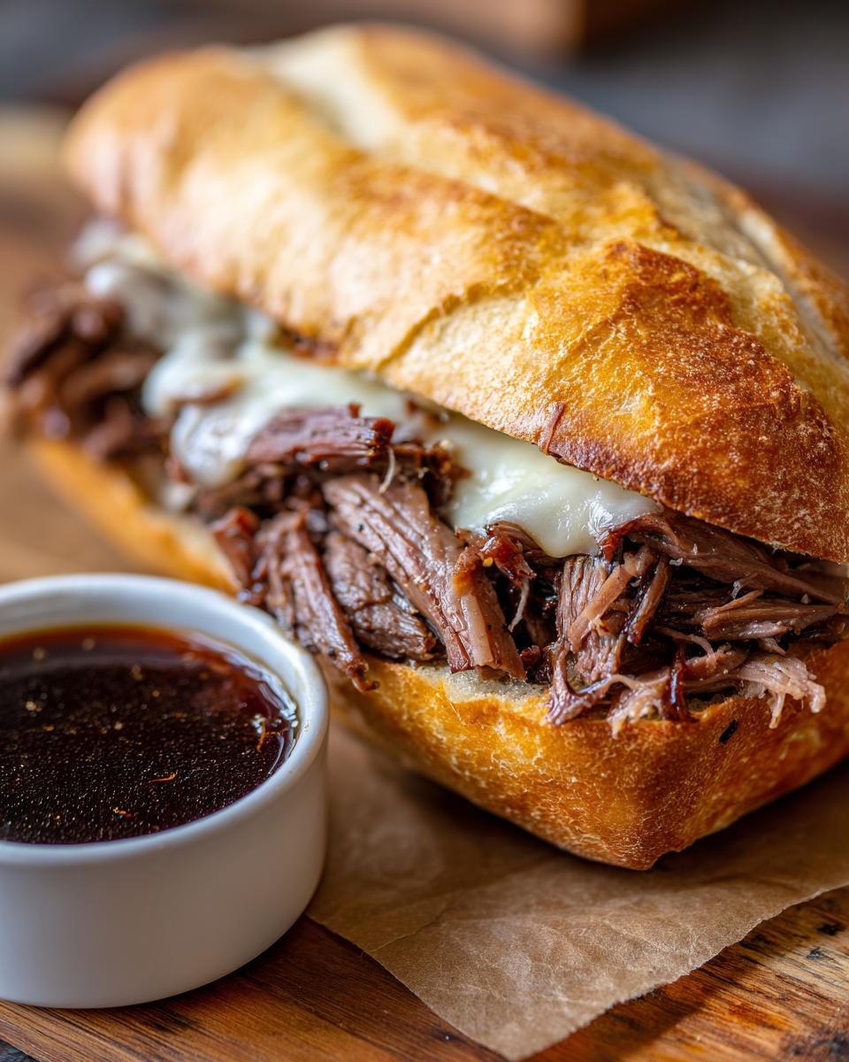 A close-up of a delicious French dip sandwich filled with shredded beef and melted cheese, served with a side of au jus.