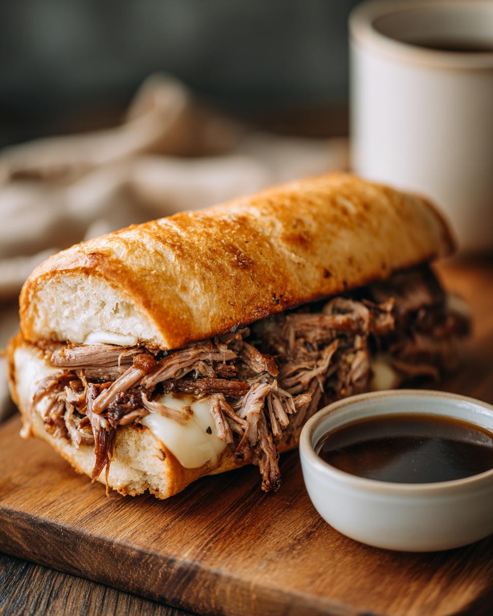 A close-up of a delicious French dip sandwich filled with shredded beef and melted cheese, served with a side of au jus.