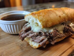 A delicious French Dip Sandwich piled high with tender roast beef and melted cheese, served with a side of au jus.