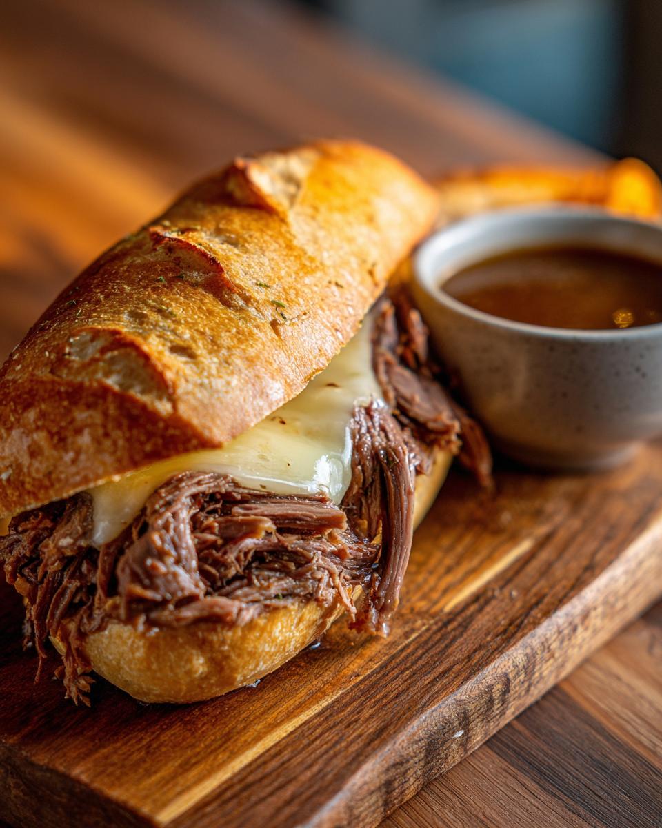 A delicious French dip sandwich on a toasted baguette with melted provolone cheese and a side of au jus.