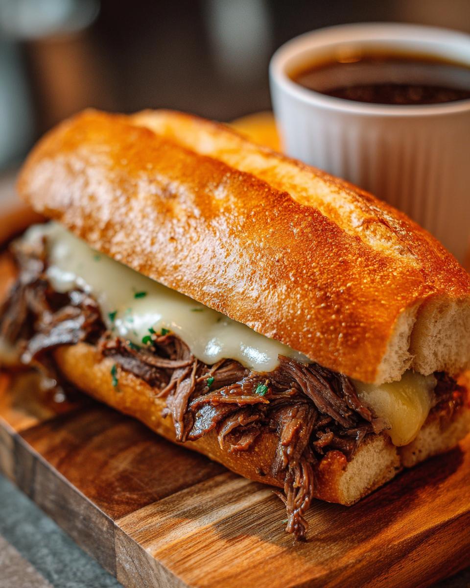 A close-up of a delicious French dip sandwich with shredded beef and melted cheese on a crusty roll, served with a side of au jus.