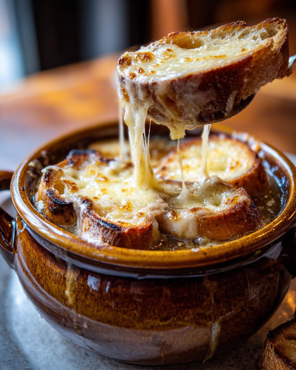A spoonful of delicious French onion soup, topped with toasted bread and gooey melted cheese.