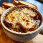 A close-up of a bowl of French onion soup topped with melted, bubbly cheese and toasted bread.