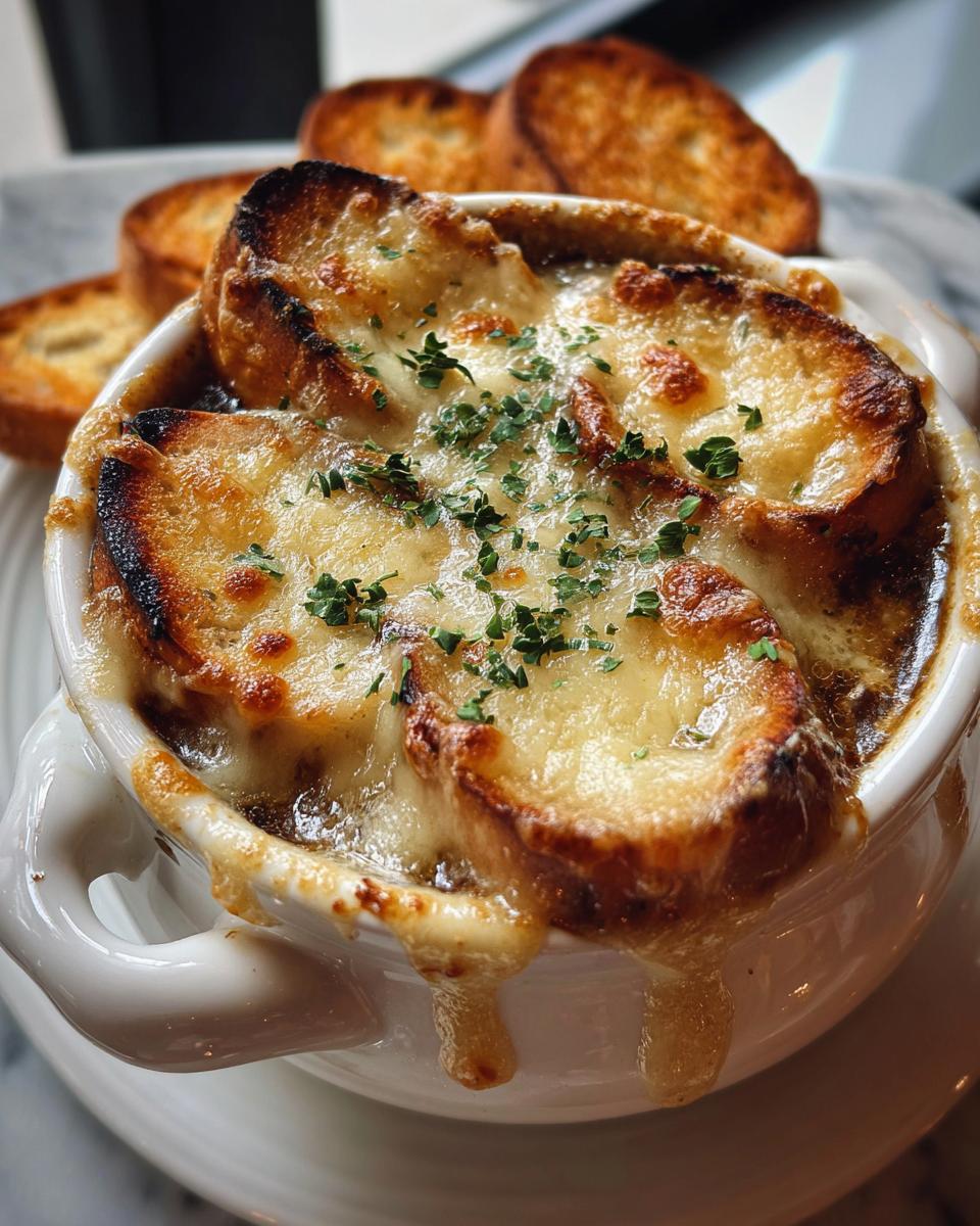 Close-up of a bubbling French onion soup with thick melted cheese and toasted bread, garnished with parsley.