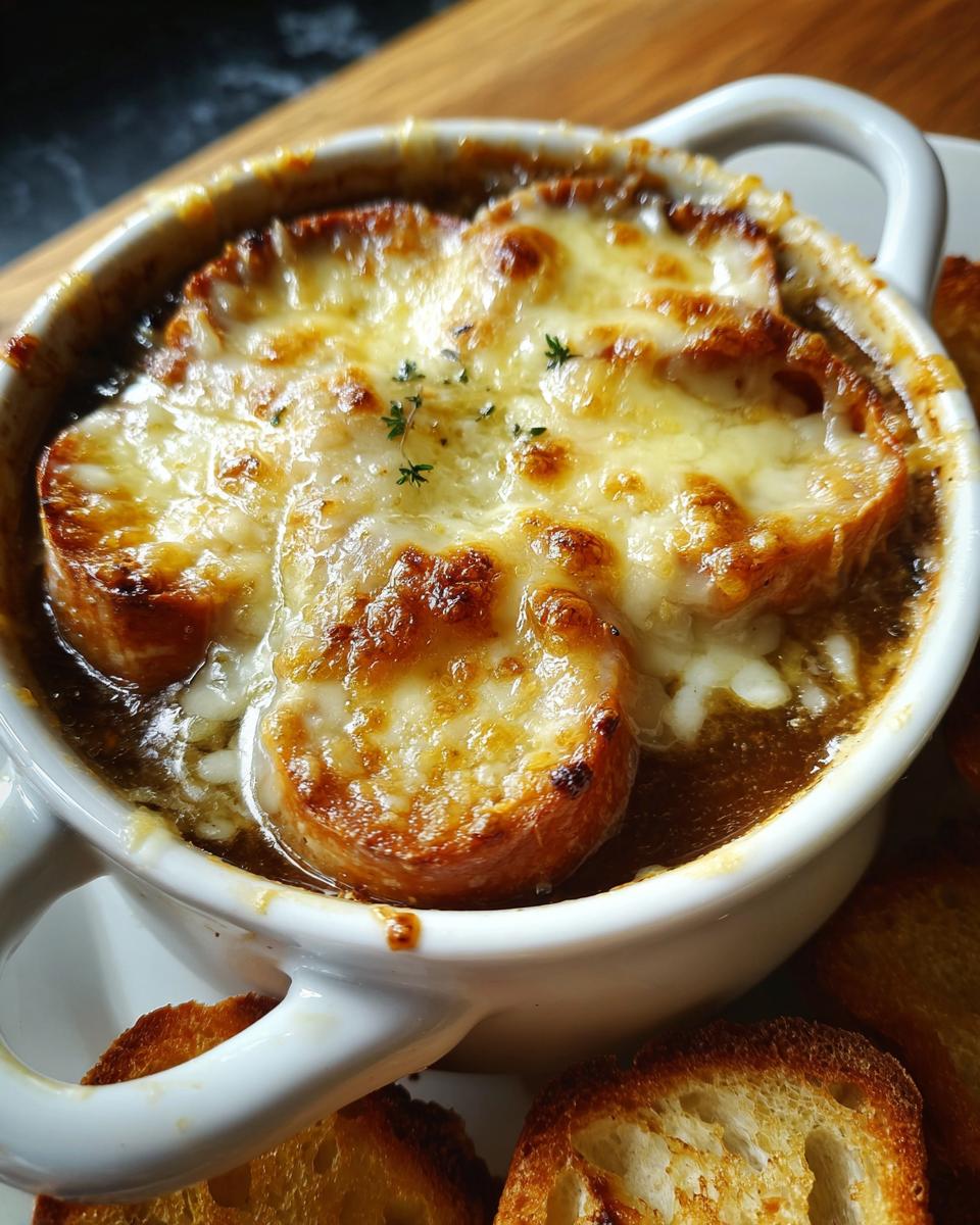 Close-up of a bowl of French onion soup topped with melted cheese and toasted bread.