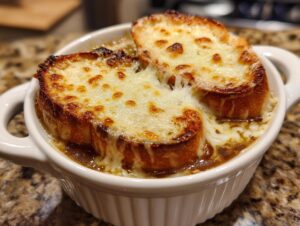 Close-up of a bubbling bowl of French onion soup topped with melted cheese and toasted bread.