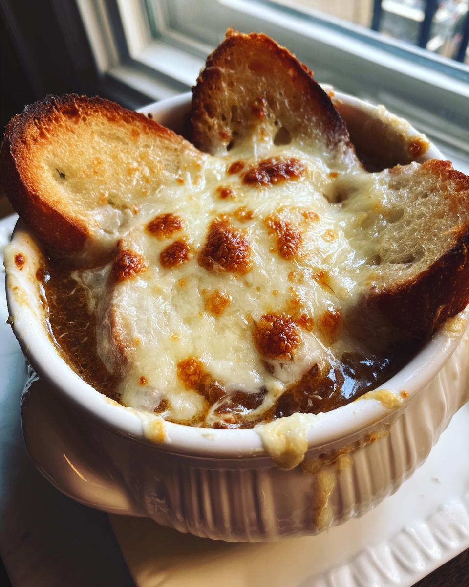 A close-up of a bowl of French onion soup topped with melted cheese and toasted bread.