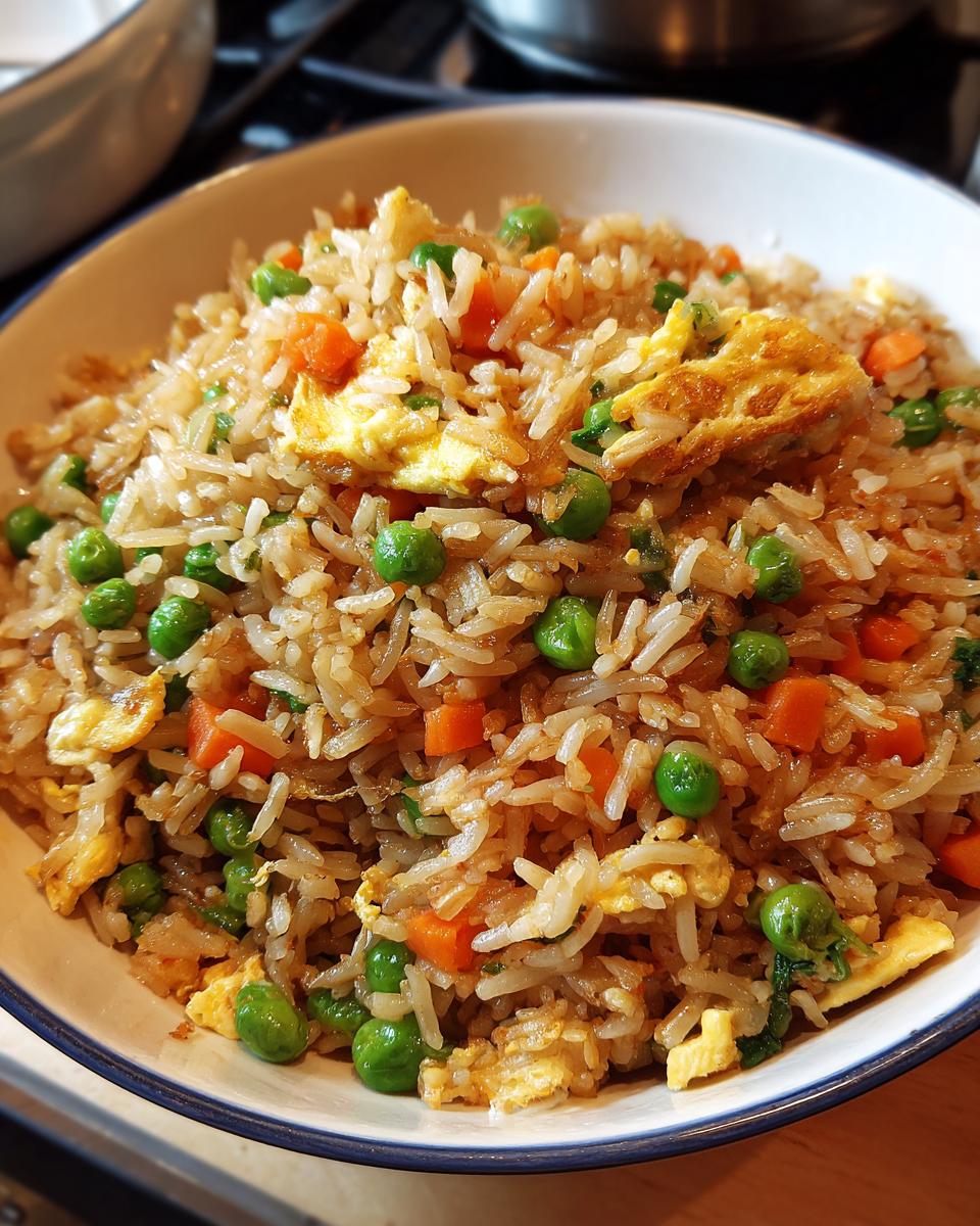 A close-up of a bowl of delicious fried rice, featuring fluffy rice, bright green peas, diced carrots, and scrambled egg pieces.