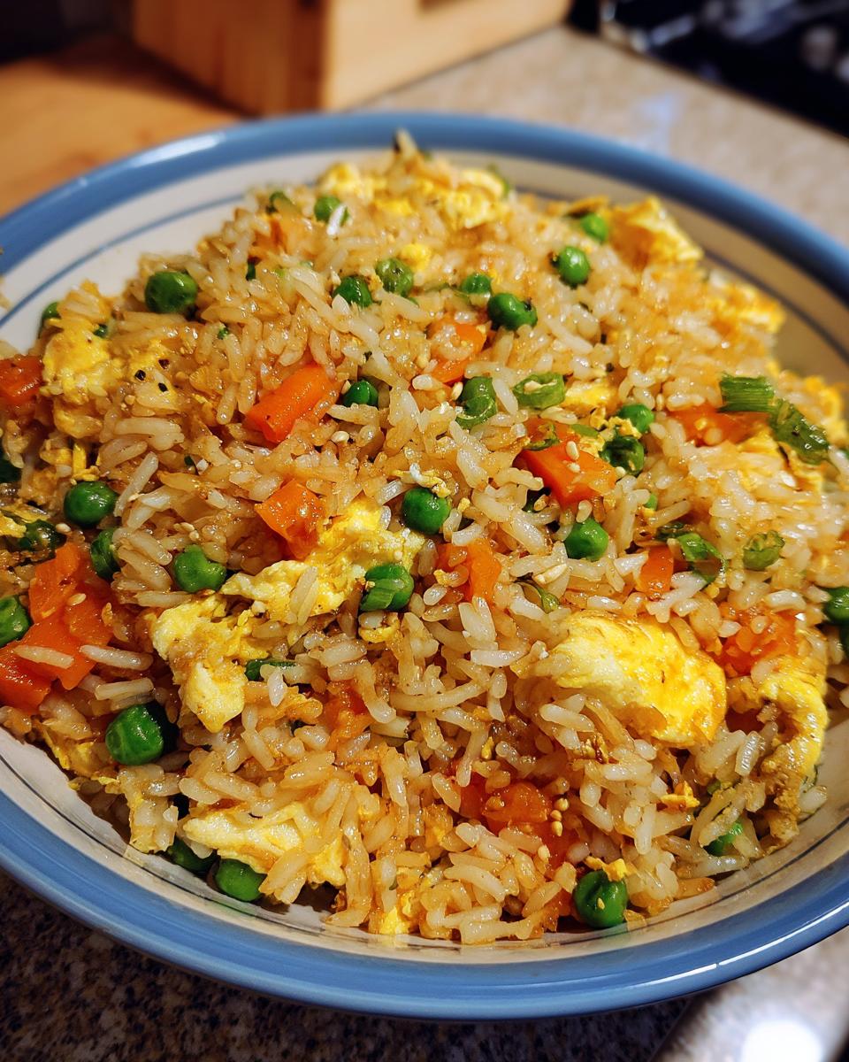 A close-up of a bowl filled with flavorful fried rice, featuring scrambled egg, peas, and diced carrots.