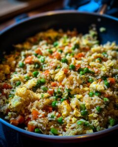 Close-up of a pan filled with freshly made fried rice, featuring scrambled eggs, peas, and diced carrots.