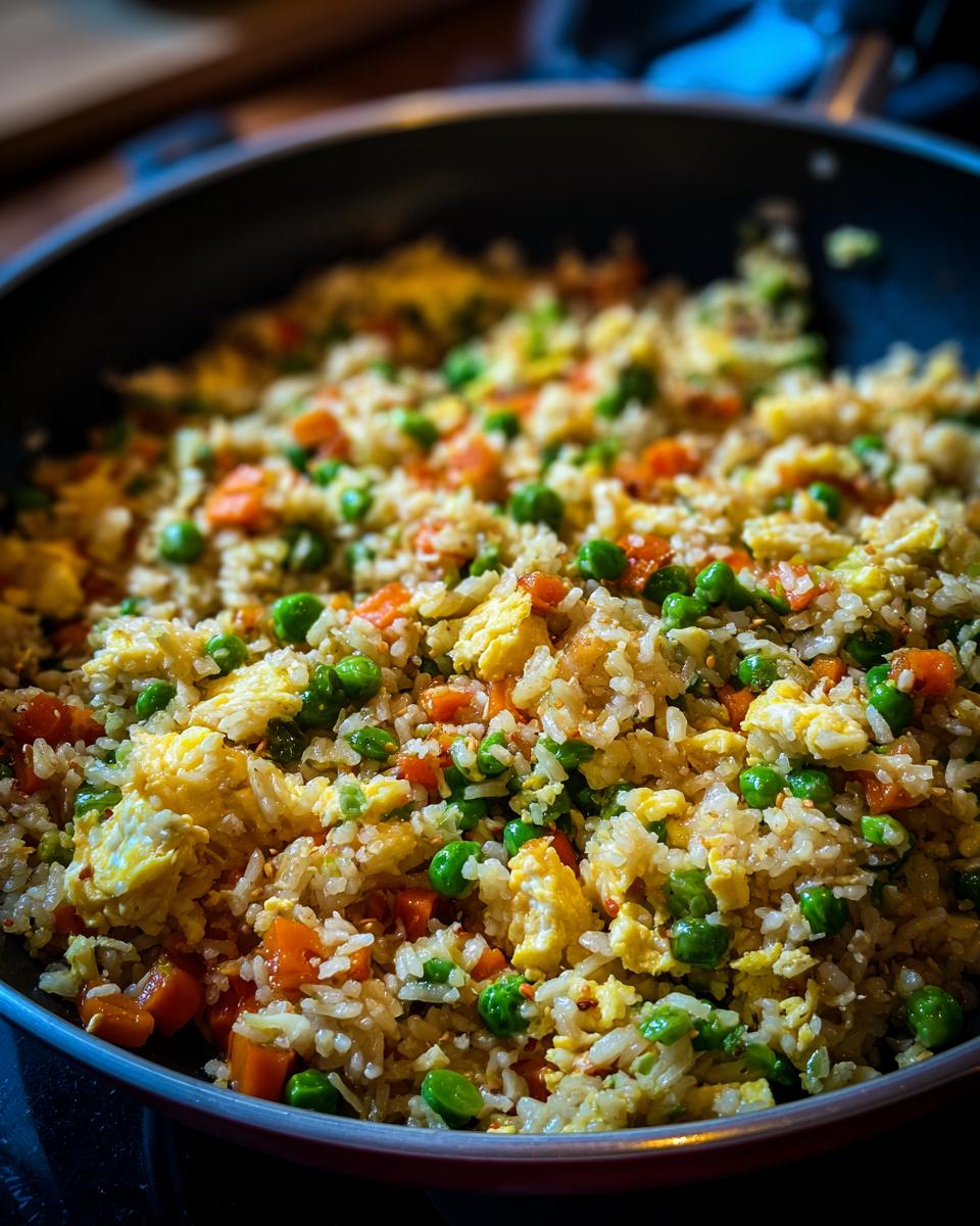 Close-up of a pan filled with freshly made fried rice, featuring scrambled eggs, peas, and diced carrots.