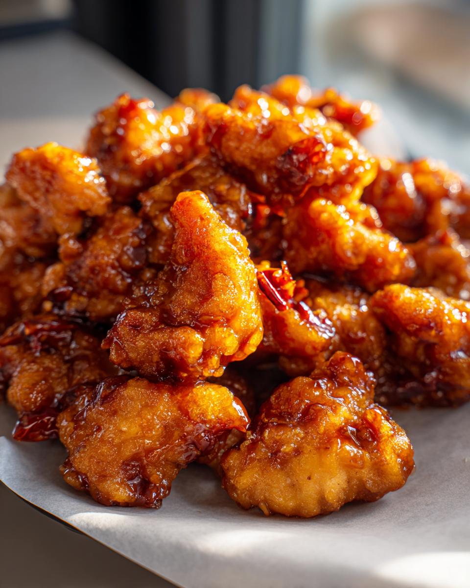 Close-up of crispy, glazed General Tso's chicken pieces piled on parchment paper.