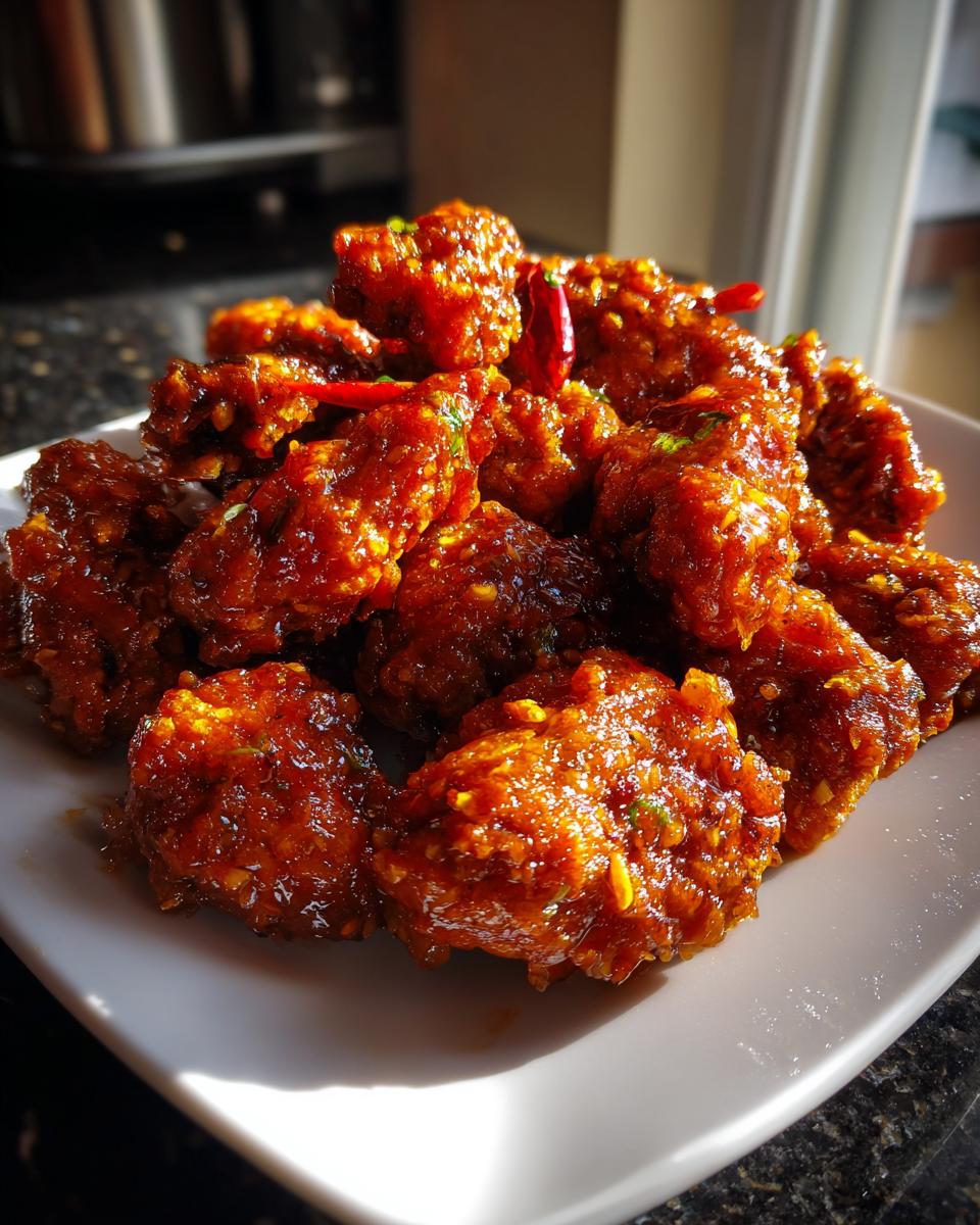 A close-up of crispy, glazed General Tso's chicken pieces on a white plate, garnished with red chili peppers.