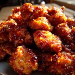 A close-up of crispy, glazed General Tso's chicken bites piled high on a plate.