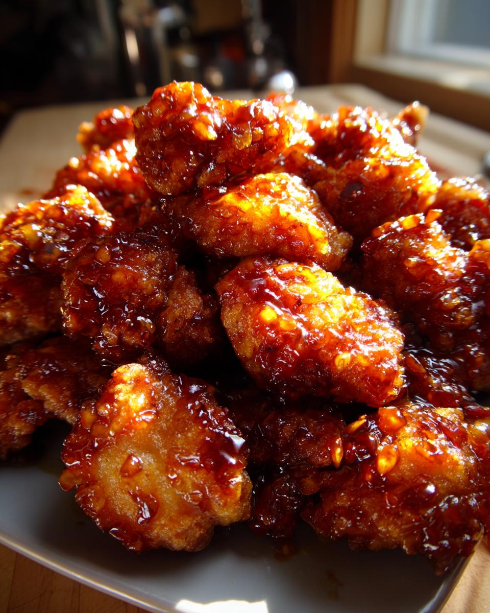 A close-up, mouth-watering pile of crispy General Tso's chicken coated in a glossy, savory-sweet sauce.