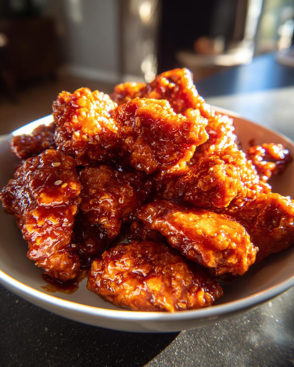 A close-up shot of crispy General Tso's chicken wings coated in a glossy, sweet and savory sauce.