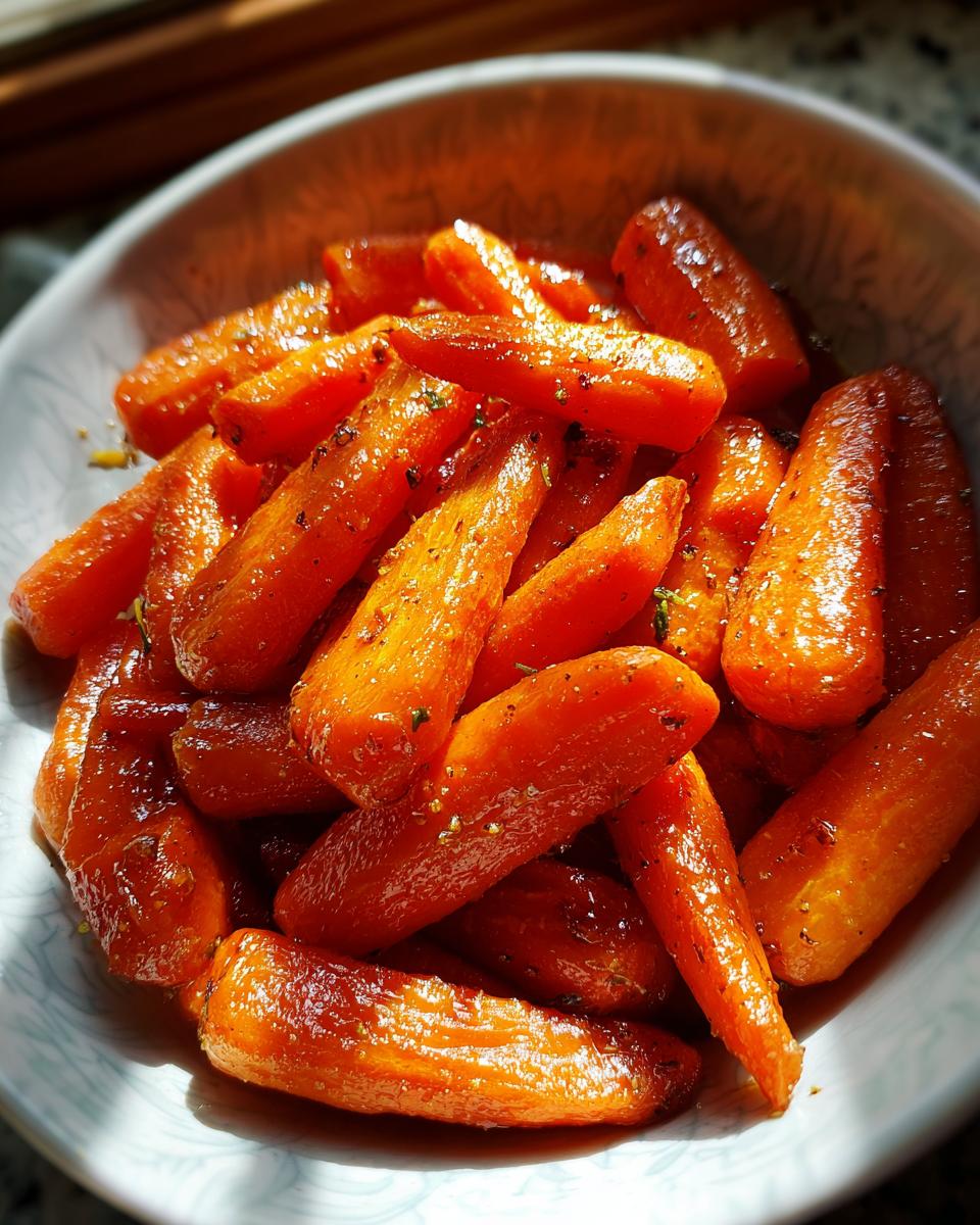 Close-up of a bowl filled with glistening glazed carrots, seasoned with herbs and spices.