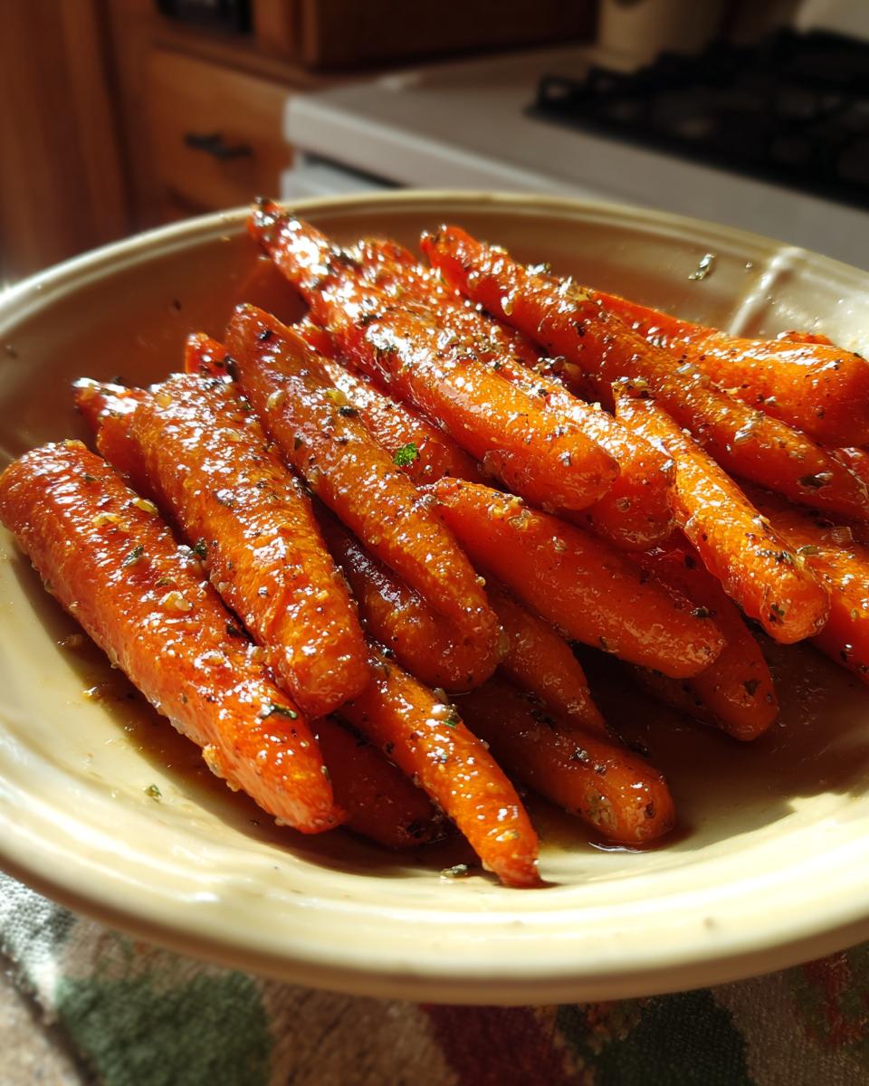 Close-up of a bowl filled with vibrant, glistening glazed carrots, seasoned with herbs and spices.