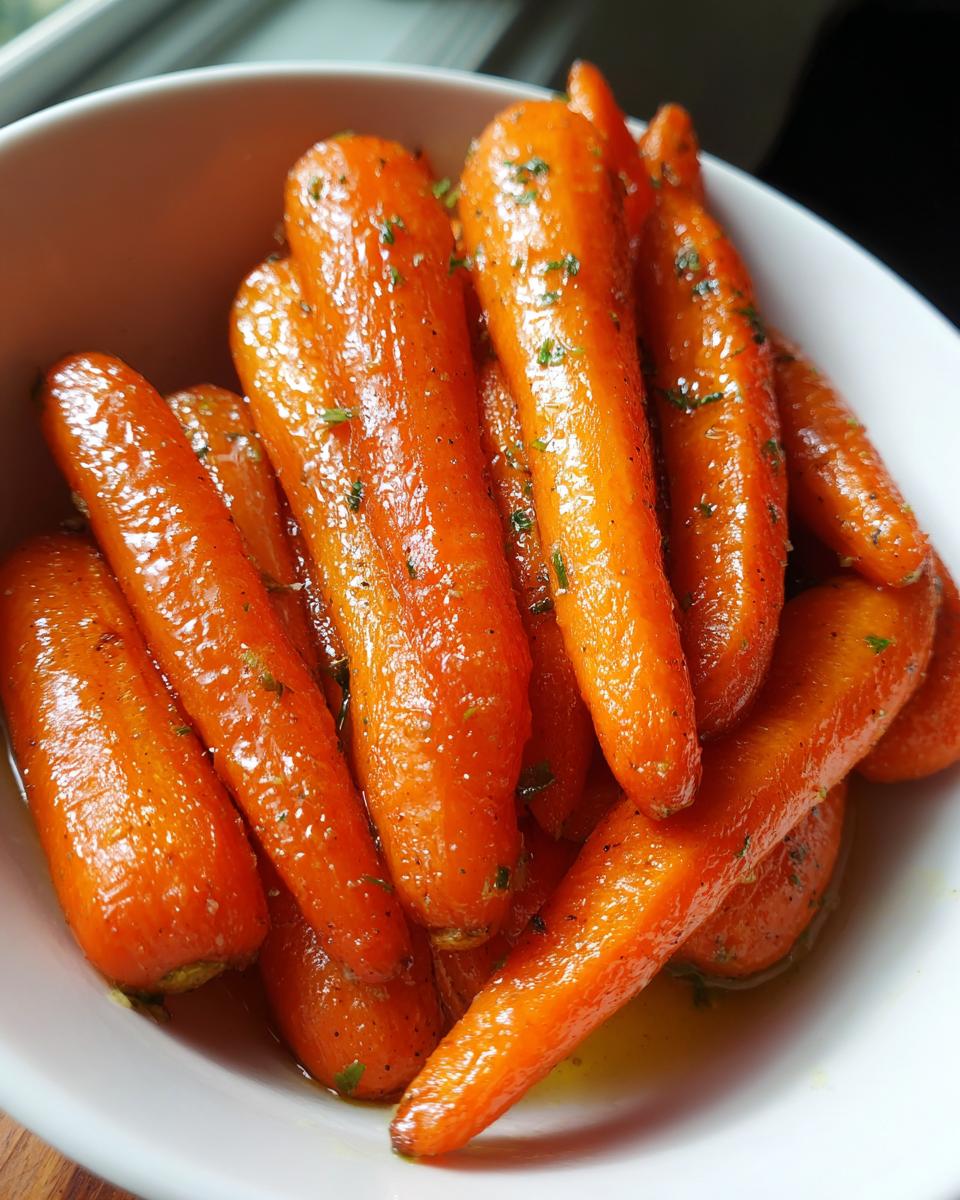 Close-up of tender, bright orange glazed carrots sprinkled with fresh herbs in a white bowl.