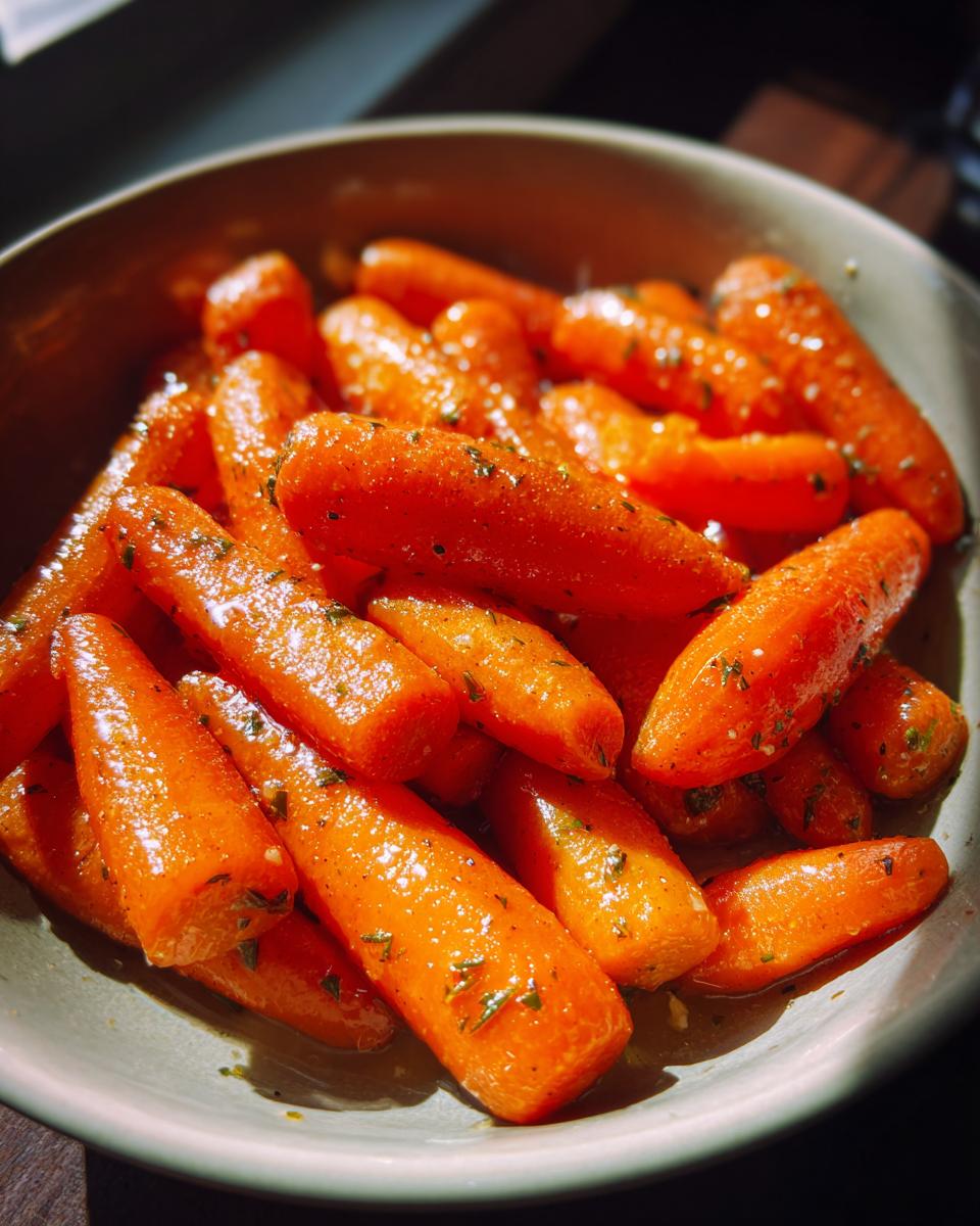Close-up of bright orange glazed carrots with herbs in a bowl, ready to serve.