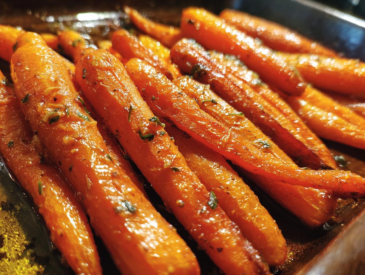 Close-up view of perfectly glazed carrots, glistening with a sweet sauce and sprinkled with fresh herbs.