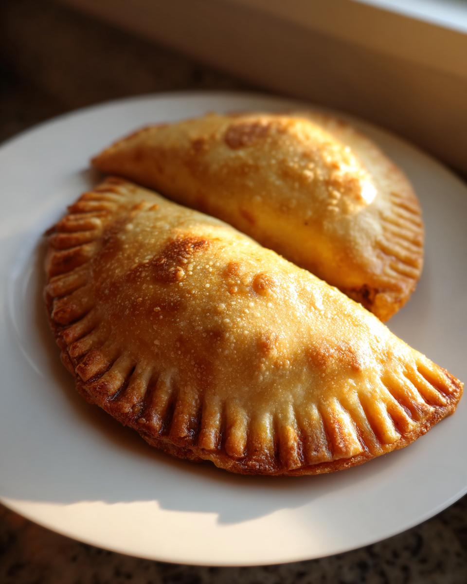 Two golden brown empanadas with crimped edges rest on a white plate, bathed in soft sunlight.