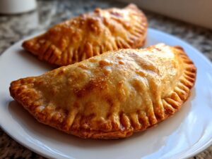 Two freshly baked, golden brown empanadas with crimped edges resting on a white plate.