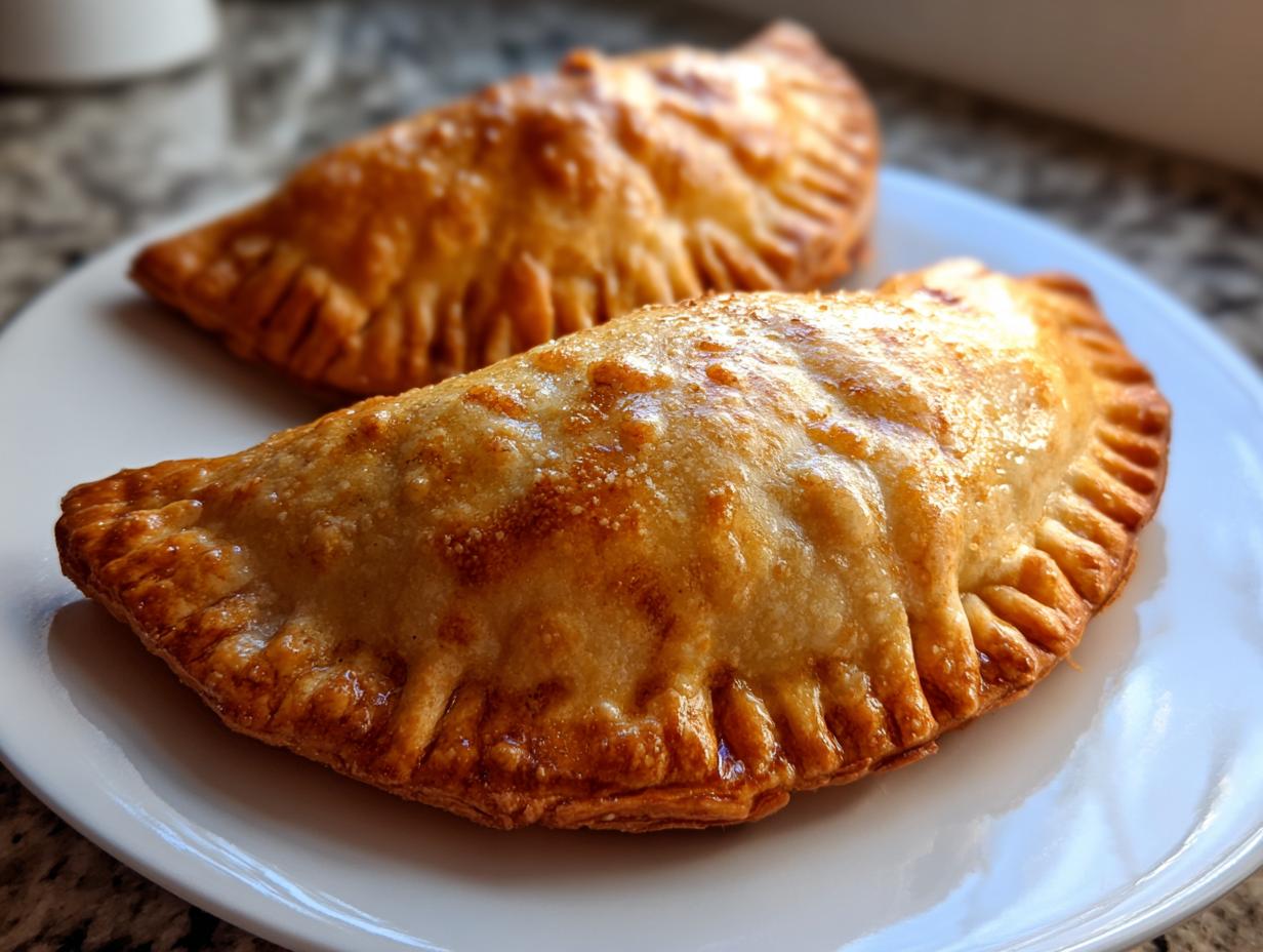 Two freshly baked, golden brown empanadas with crimped edges resting on a white plate.