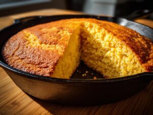A golden brown cornbread baked in a cast iron skillet, with a slice removed to show its moist texture.