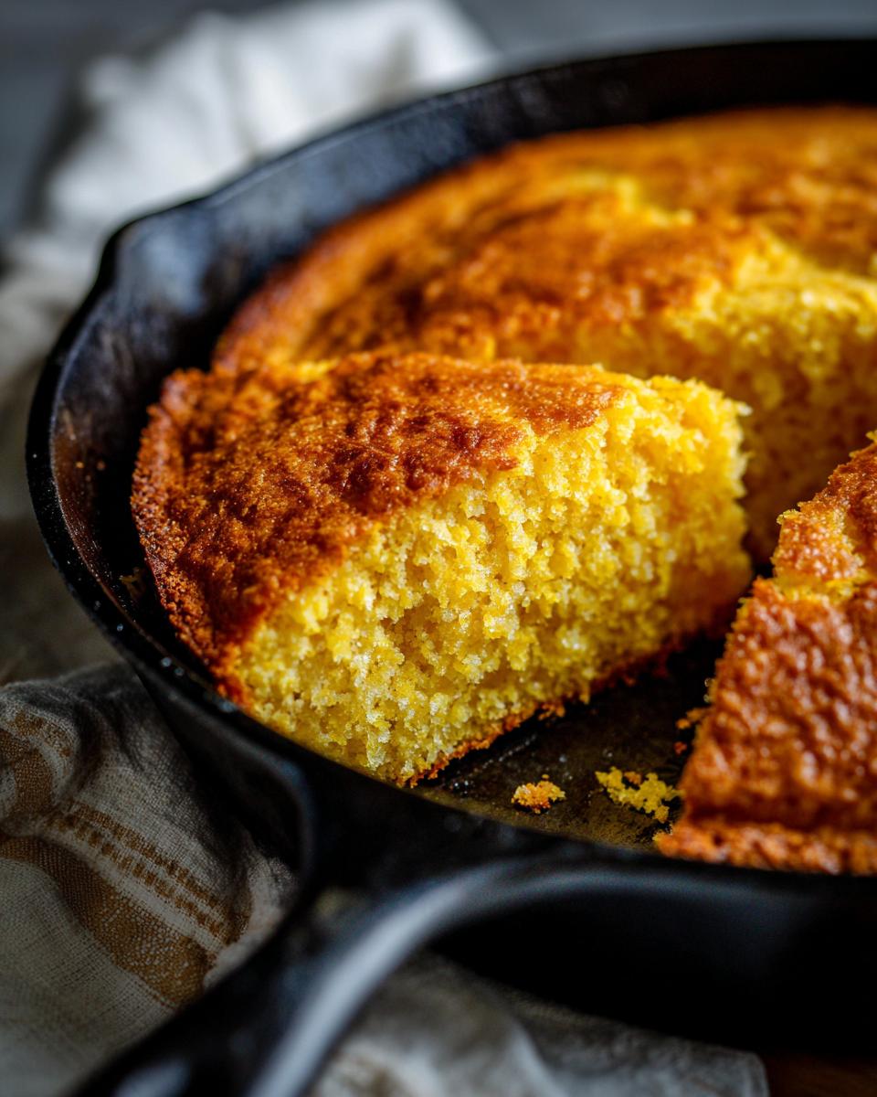 A close-up of a moist, sweet slice of golden cornbread in a cast iron skillet.