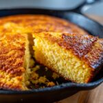 A close-up of a moist, golden slice of cornbread lifted from a cast iron skillet.