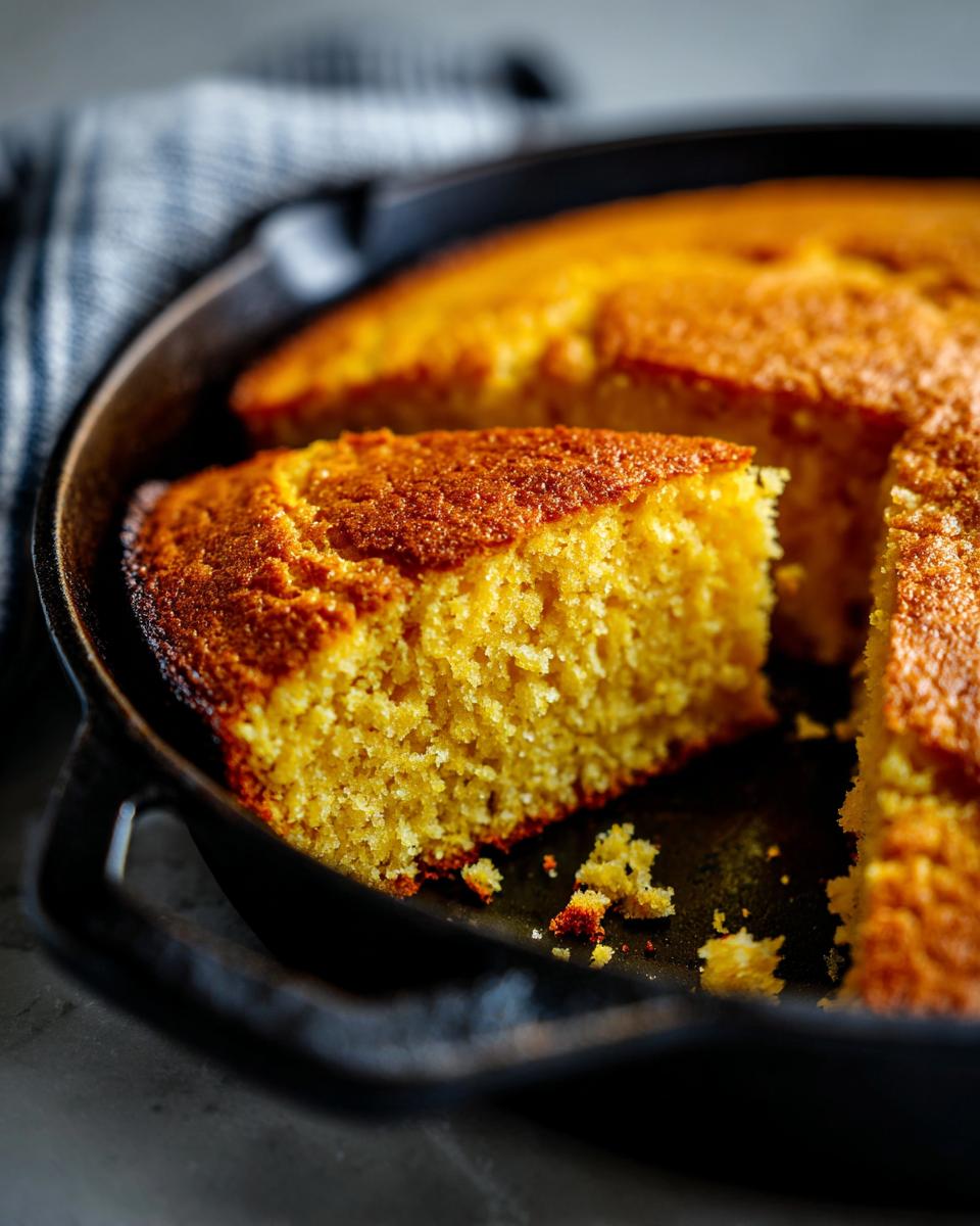 A close-up of a moist, sweet slice of golden cornbread in a cast iron skillet.