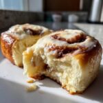 Close-up of two gooey cinnamon rolls, one with a bite taken out, drizzled with cream cheese frosting.