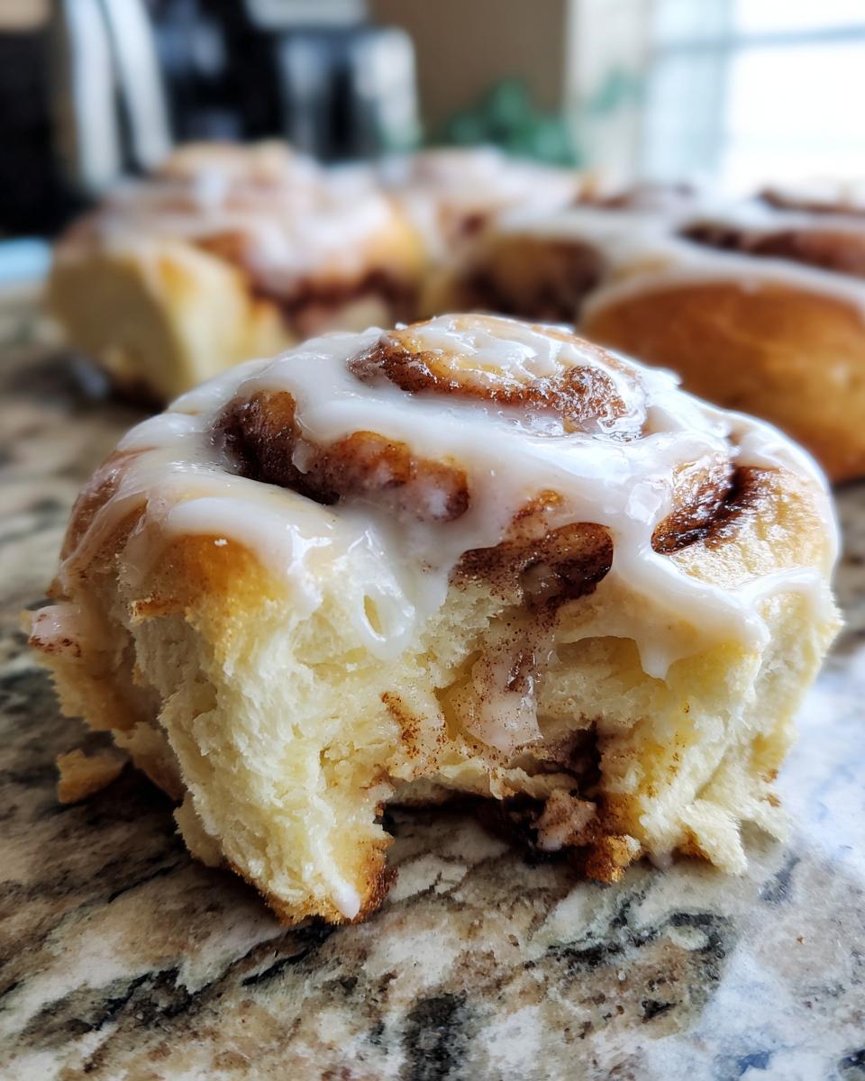 Close-up of a gooey cinnamon roll with a bite taken out, showing the soft dough and cinnamon swirl, topped with white frosting.