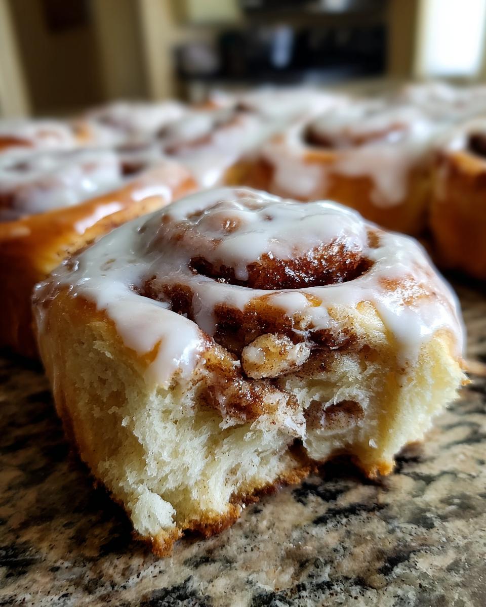 Close-up of a gooey cinnamon roll with cream cheese frosting, showing the soft, swirled interior and a bite taken out.