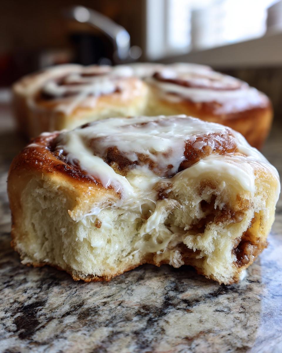 Close-up of a bite taken out of a gooey cinnamon roll, showing the soft dough and creamy frosting.
