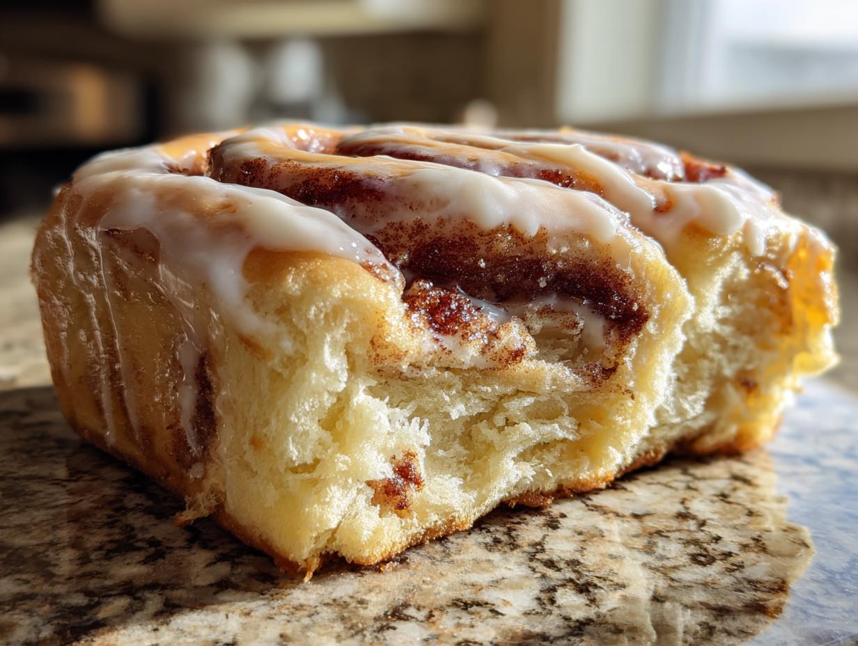 Close-up of a gooey cinnamon roll with white icing and cinnamon swirl filling.