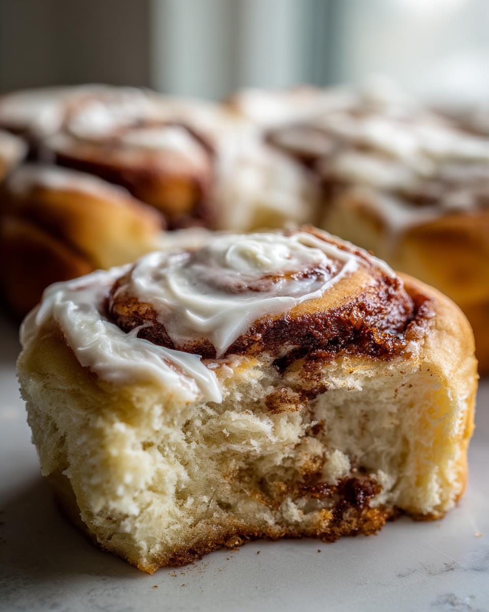 Close-up of a gooey cinnamon roll with cream cheese frosting, showing its soft texture and cinnamon swirl.