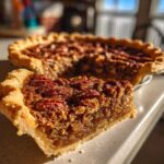 A close-up of a slice of gooey pecan pie, showcasing the flaky crust and rich filling topped with whole pecans.