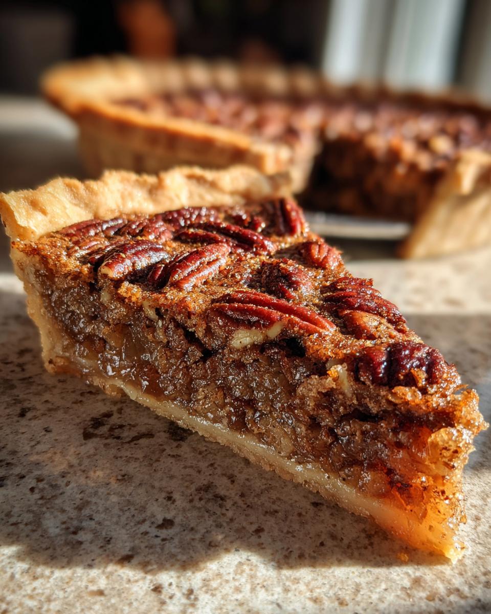 A close-up of a slice of gooey Southern classic pecan pie, showcasing the rich filling and whole pecans on top.